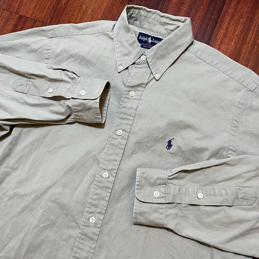 Vintage Ralph Lauren Shirt Mens Medium Tan 100% Cotton Workwear Casual Preppy *